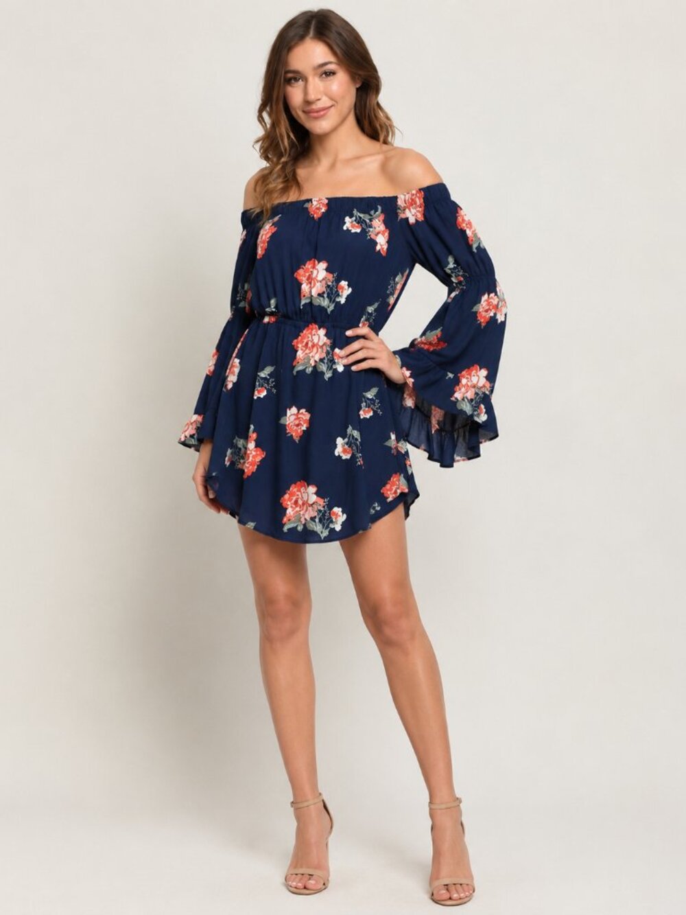 Navy Floral Off-Shoulder Bell Sleeve Mini Dress NWT